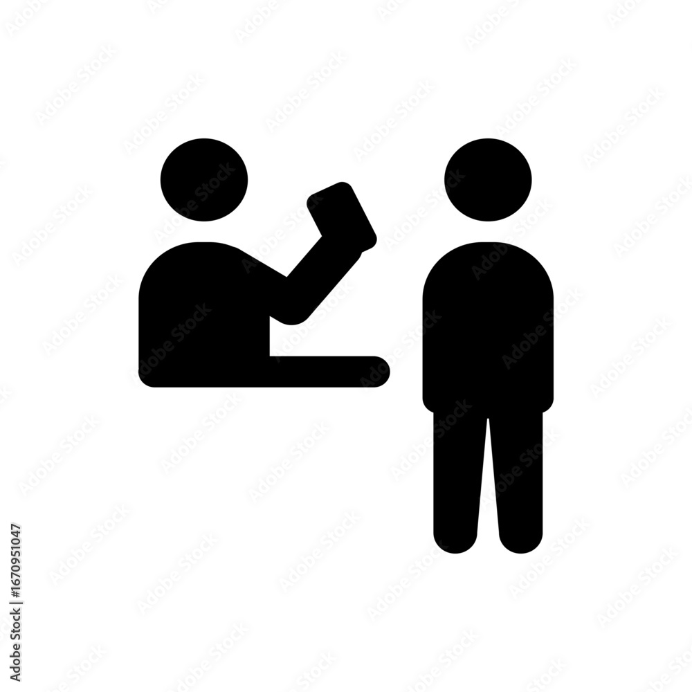 Poster iconic representation of a person holding a card or device while interacting with another person sta