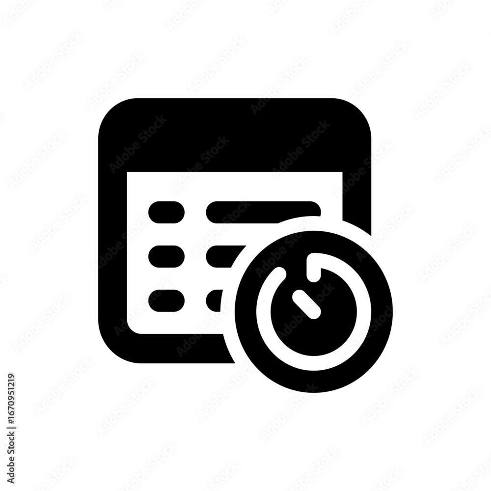 Poster a black and white icon displaying a calendar with a clock overlaying it indicating time management t