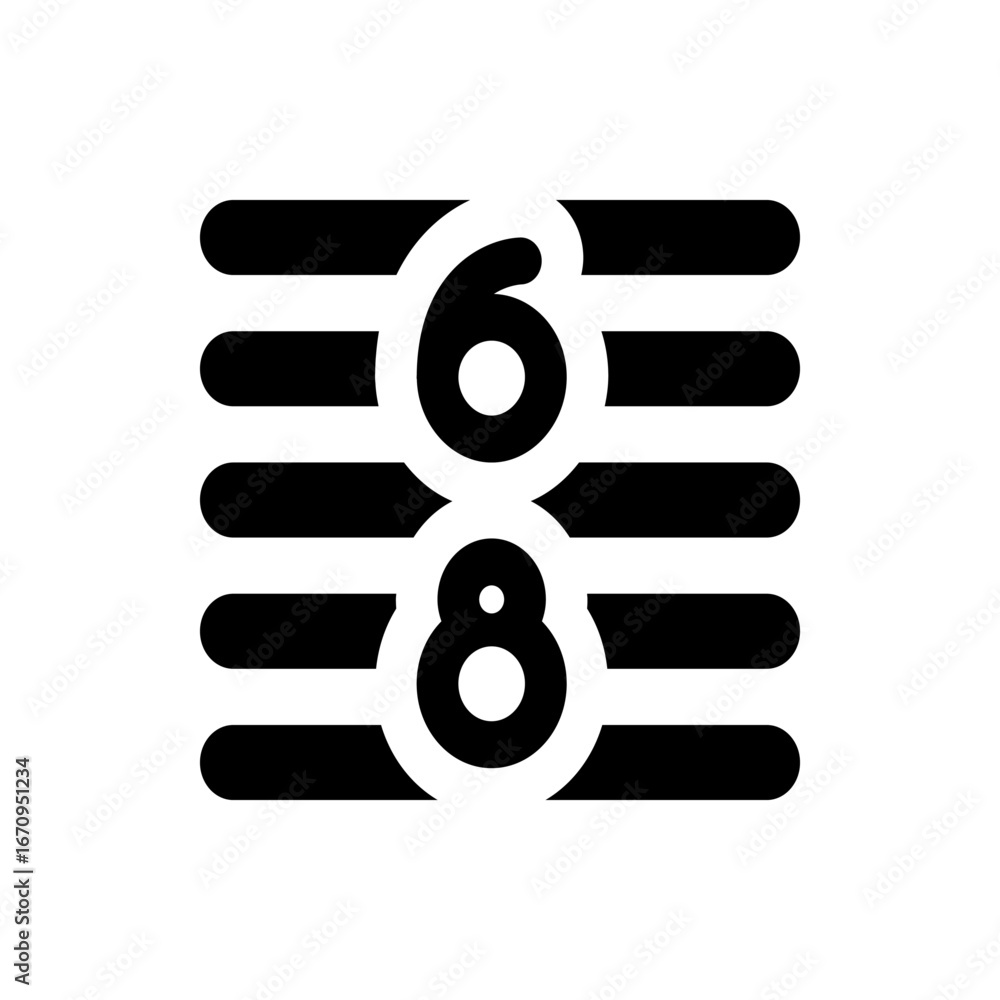 Poster illustration of the numbers six and eight stacked vertically between horizontal lines in black and w