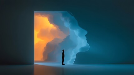 conceptual minimalist scene of a human silhouette opening like paper folds, each fold shows deeper thoughts and emotions in glowing forms 