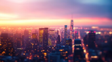 Fototapeta premium skyscrapers reflecting golden and pink hues. The streets below begin to light up as the city transitions from day to night. The background is softly blurred