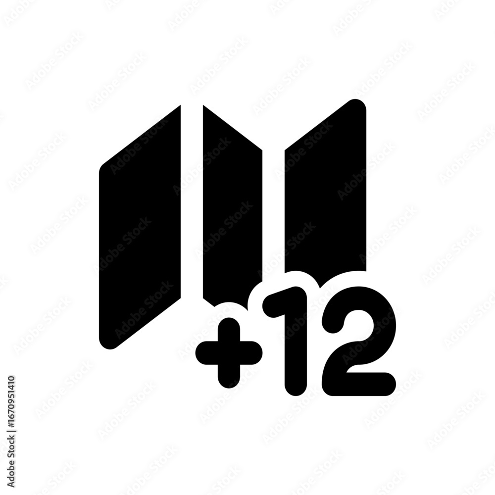 Aufkleber three black vertical panels with a plus sign and the number twelve below them in a simple graphic de