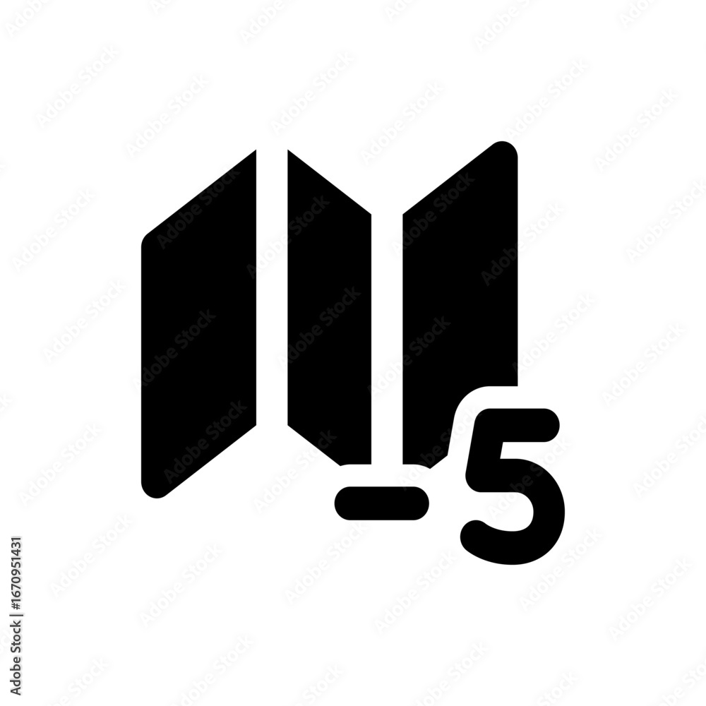 Poster black graphic icon of an open book with five pages displayed against a white background in a simple 