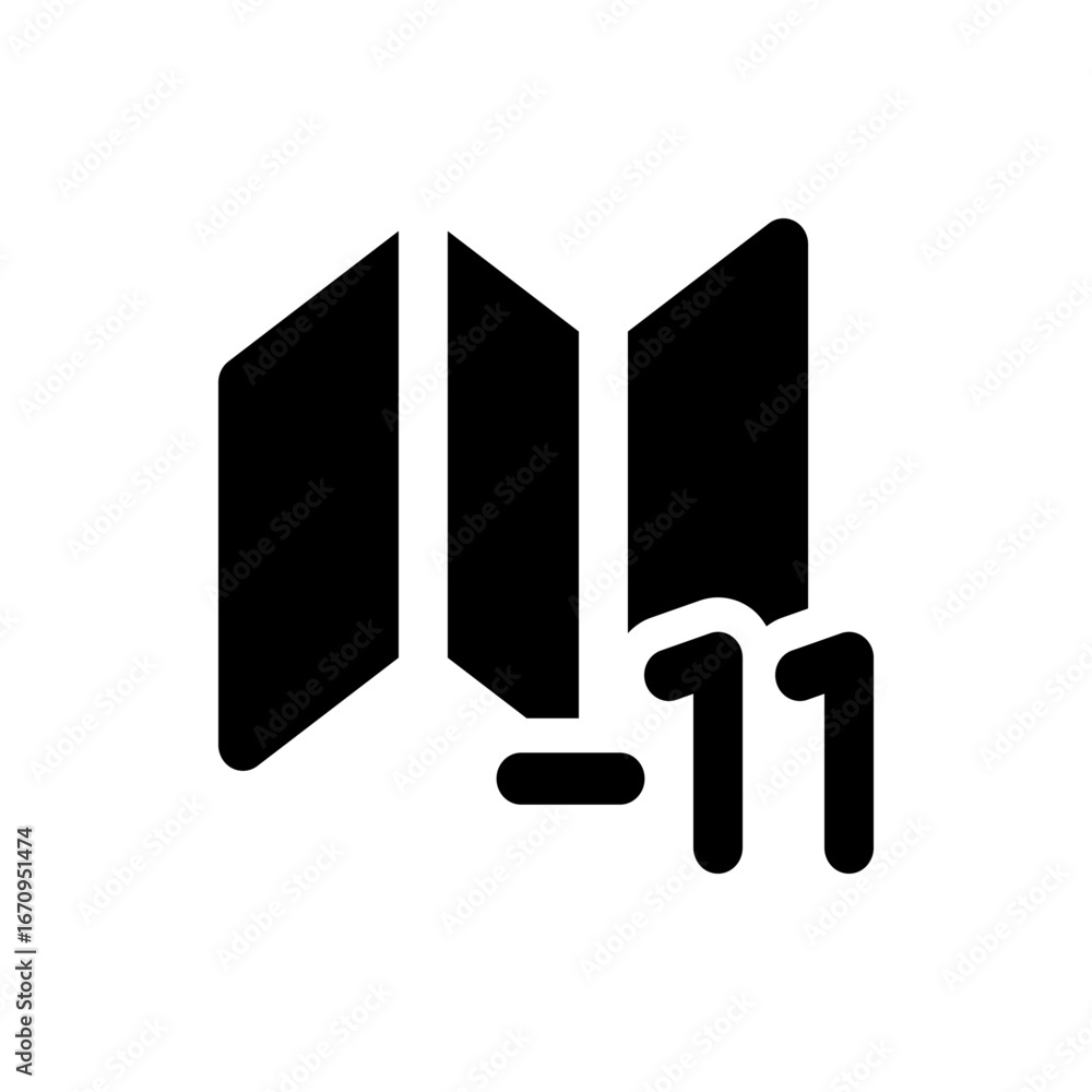 Poster illustration depicting three vertical panels with a small dash and two number eleven shapes below