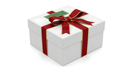 Isolated white gift box with red ribbon and green tag on a white background for celebration event