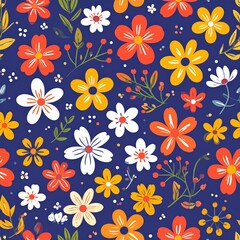 Joyful Folk Art Floral Pattern with WarmToned Blooms on a Deep Navy Blue Background.