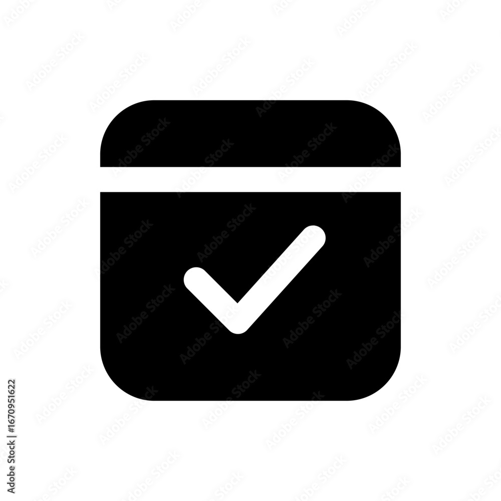 Poster black square with rounded corners and a white horizontal line and a white check mark inside it icon