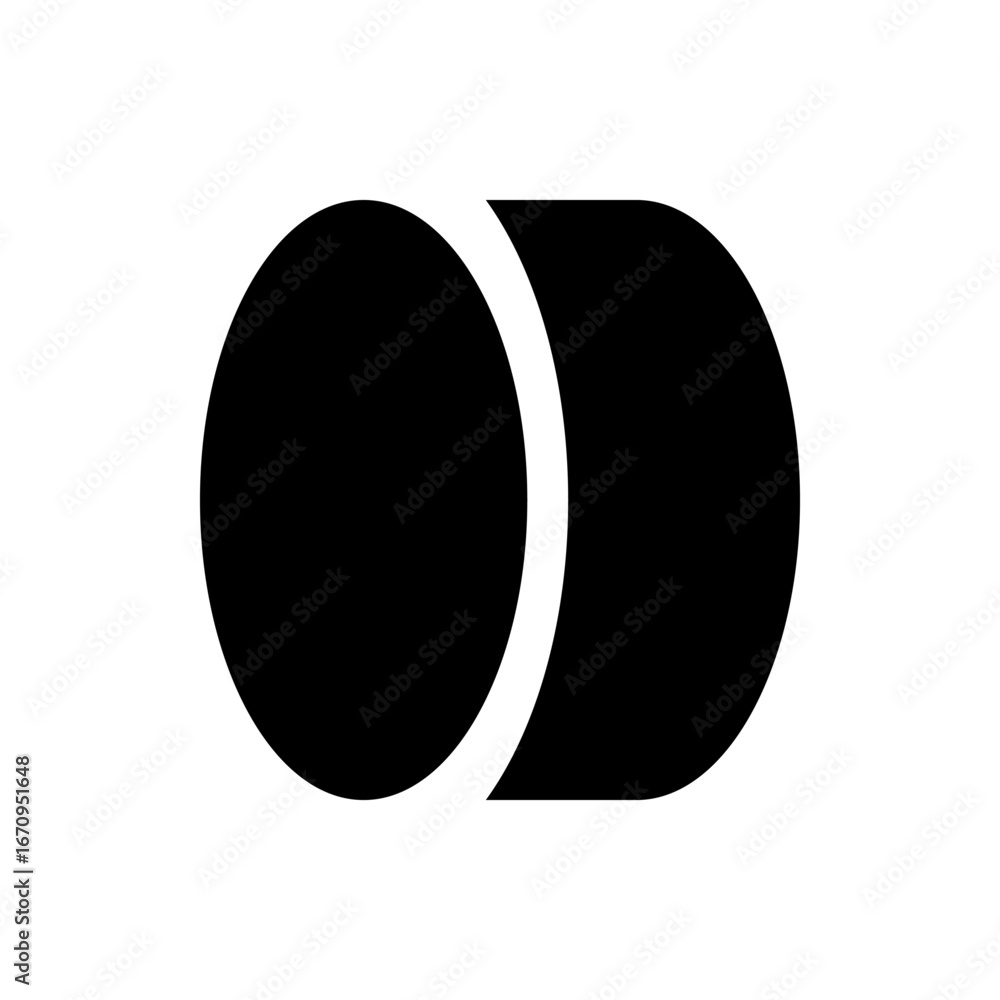 Poster two overlapping black circles with a crescent shaped white space between them in a simple graphic de