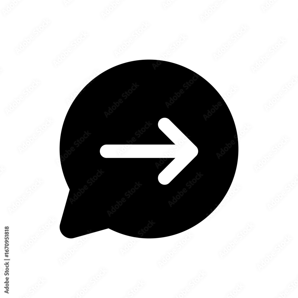 Poster black speech bubble with a white arrow pointing to the right direction on a plain white background v