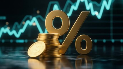 Golden percentage symbol and stacked dollar coins with a dynamic, glowing financial graph background, representing interest rates, market trends, and investment growth. - Powered by Adobe