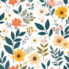 Joyful Garden Medley Seamless Floral Pattern with Warm Blooms and Teal Leaves.