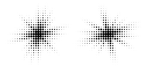 Halftone burst effect, dot pattern texture, abstract explosion splash isolated on white. Vector illustration.