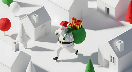 Low poly santa claus carrying a green sack full of gifts through a white low poly town scene