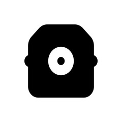 A black abstract shape with rounded corners and a white circle in the center and two small circles on sides