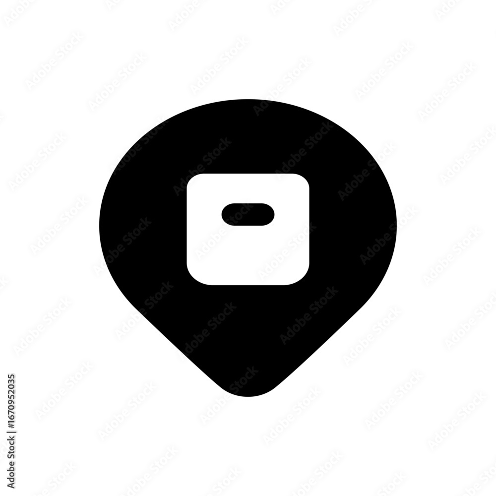 Poster black location pin with a white rounded square containing an oval shape in the center of the square
