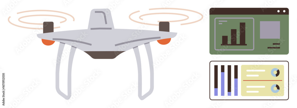 Poster quadcopter with propellers in flight capturing data, paired with analytical dashboards showing chart