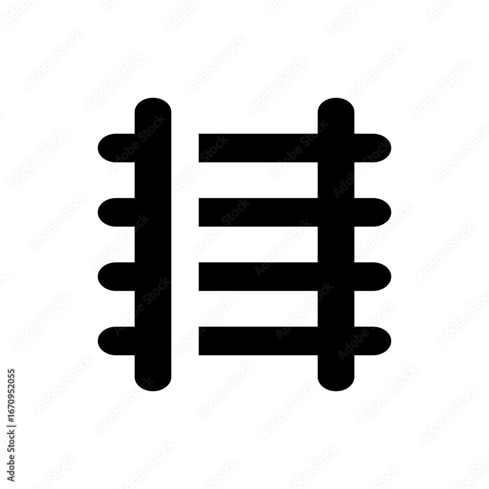 Poster illustration of a black and white railroad track with horizontal ties and vertical rails design elem