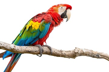 Obraz premium Colorful parrot perched on branch, isolated on white background, studio style.