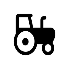 Illustration of a black tractor with large white wheels and a cab on a white background in simple style