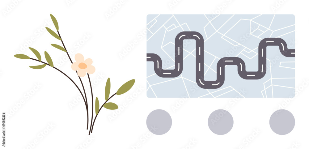 Poster branch with soft petals next to a winding road map overlaid with a grid background. ideal for naviga