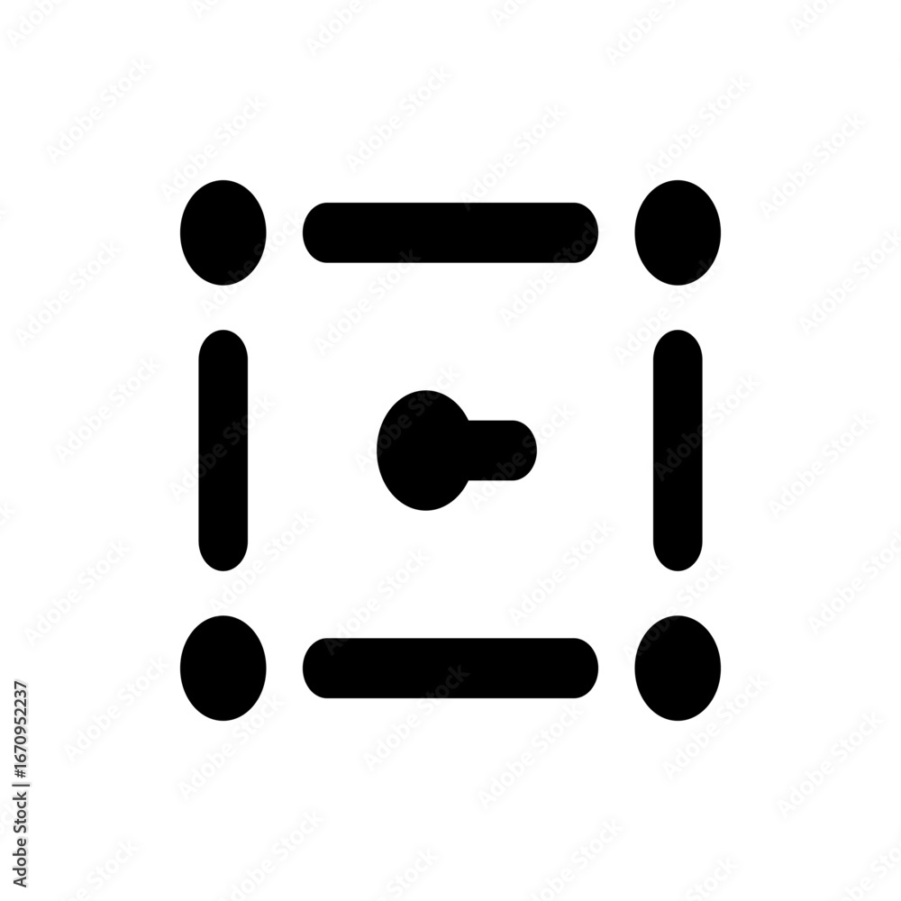 Poster illustration of a simple abstract design featuring circles lines and a central knob like shape in bl