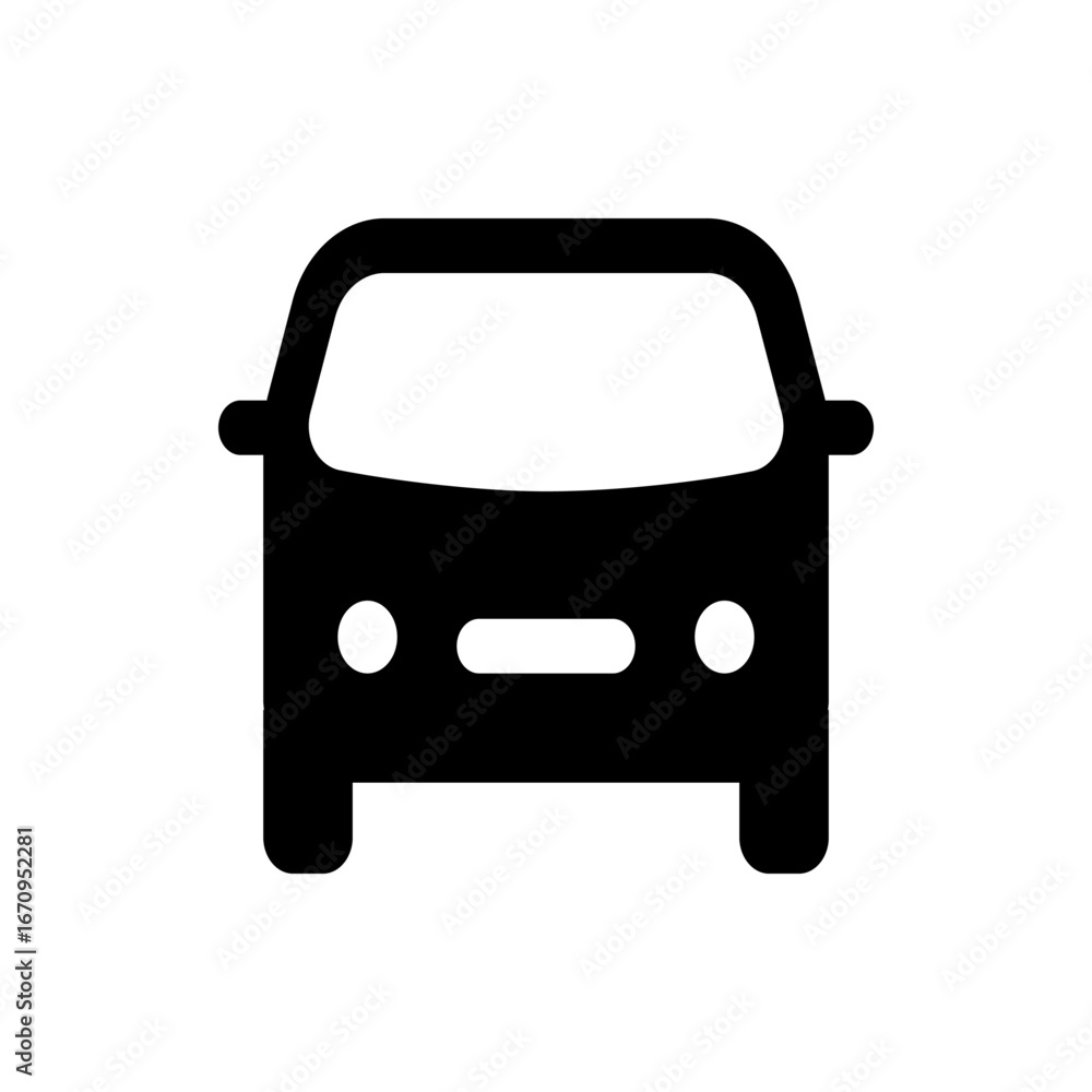 Poster front view of a simple black car icon with rounded edges and headlights on a white background design