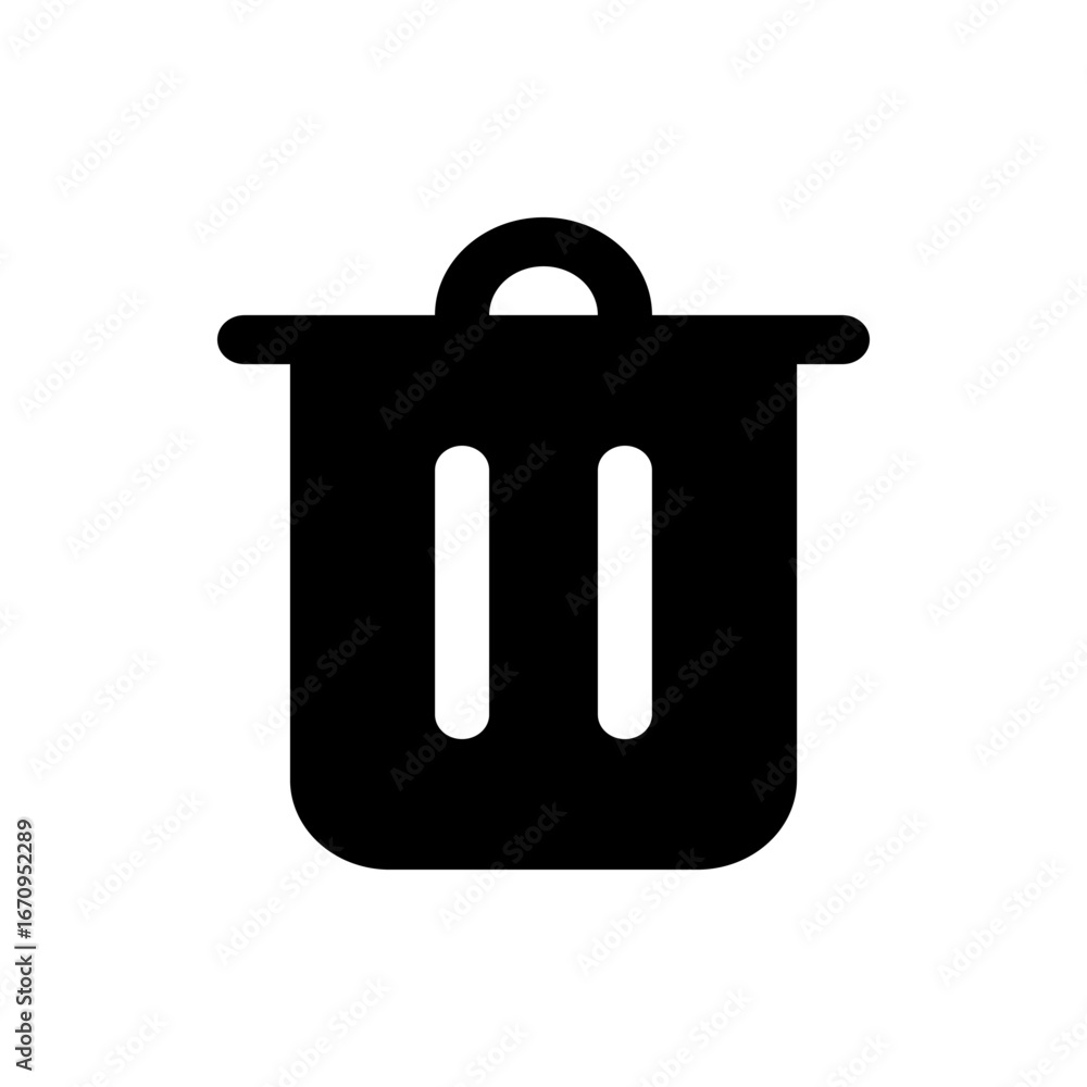 Poster illustration of a black trash can with a handle and two vertical white lines inside the container bo