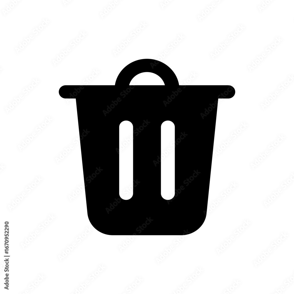 Poster illustration of a black trash can with a handle and two white vertical rectangles inside the can sha
