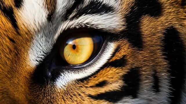 Close up view of the majestic tiger eye and fur, detail shot, showing beauty and strength wild