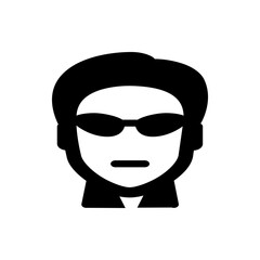 Illustration of a person wearing sunglasses with short hair and a serious expression on their face