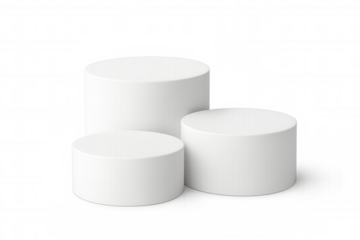 White cylindrical podiums varying in height, positioned on clear background, displaying products or awards effectively
