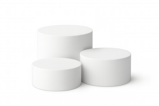 White cylindrical podiums varying in height, positioned on clear background, displaying products or awards effectively