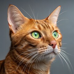Close up portrait of a ginger tabby cat with bright green eyes looking up and to the right