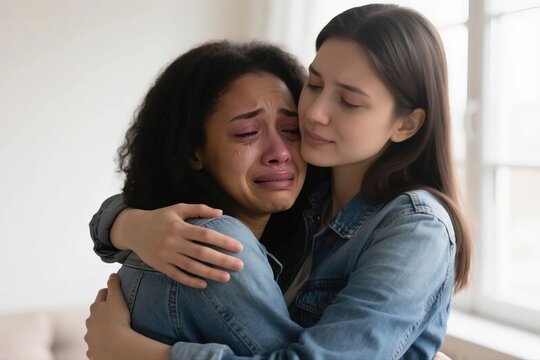 A supportive young woman comforting and hugging her crying friend, who is upset and grieving, showing empathy and care.