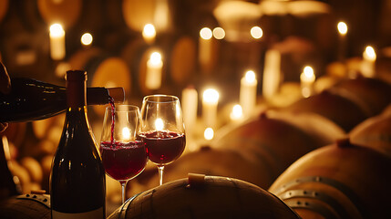 A close-up and intimate view of the Beaujolais Nouveau wine celebration inside a rustic vineyard cellar, where flickering candlelight glows upon oak barrels stacked with care.