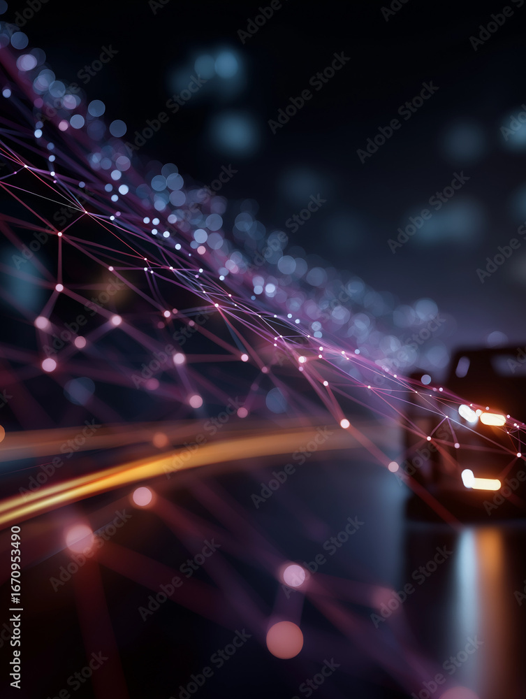 Aufkleber connected car technology: a futuristic digital image showcases autonomous vehicles navigating a netw
