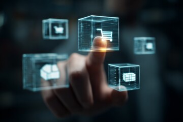 Set of glowing holographic logistics and warehouse icons, symbolizing smart supply chain technology.