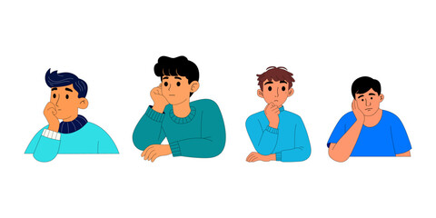 Four thoughtful young men contemplating, showcasing various expressions of introspection.