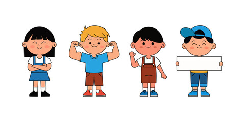 Four cheerful kids displaying different poses for a blank sign.