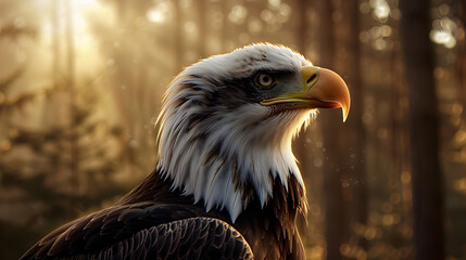 Fototapeta premium Majestic bald eagle portrait with a sunlit forest background at sunrise.