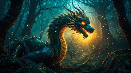 Surreal Enchanted Forest Dragon with Glowing Coils