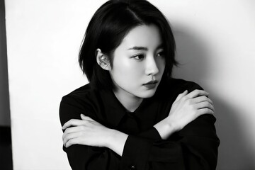 A beautiful and introspective young Asian woman with short hair, captured in a black and white portrait, looking away with a thoughtful expression.