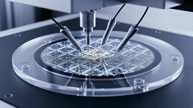 Transparent wafer chuck holding photonic integrated circuit wafer steady on a probing station with multiaxis probe positioning system.