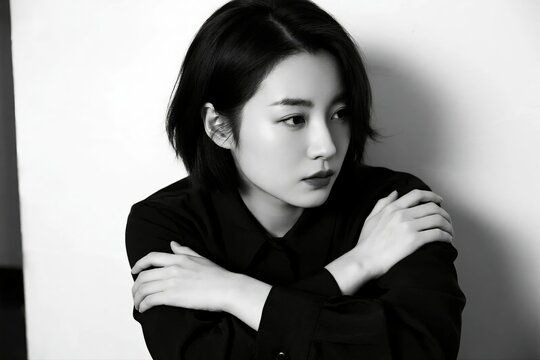 A beautiful and introspective young Asian woman with short hair, captured in a black and white portrait, looking away with a thoughtful expression.