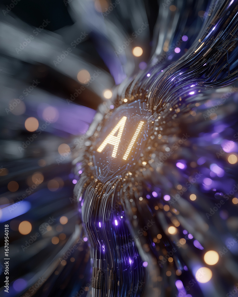 Poster ai chip in action: witness a captivatingly intricate microchip, with the letters ai glowing at its c