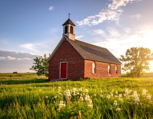 Rustic church at sunset in a grassy field