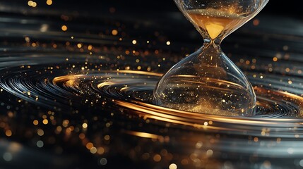 ethereal glowing hourglass floating in a cosmic void, particles of time dripping like stardust, abstract temporal art, layered light and shadow forming time rings, soft luminous edges, cinematic 