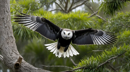 Oralan the screamer leaps from a tree branch, spreading his large wings and preparing for flight