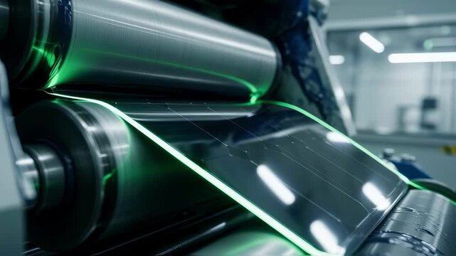 Flexible photovoltaic film emerging from coating rollers showcasing the potential of perovskite tandem technology in green energy.