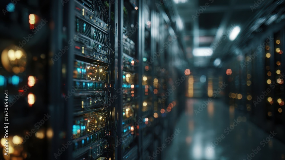 Poster medium shot showing rows of cryptocurrency mining servers humming in a dimly lit room main server ra